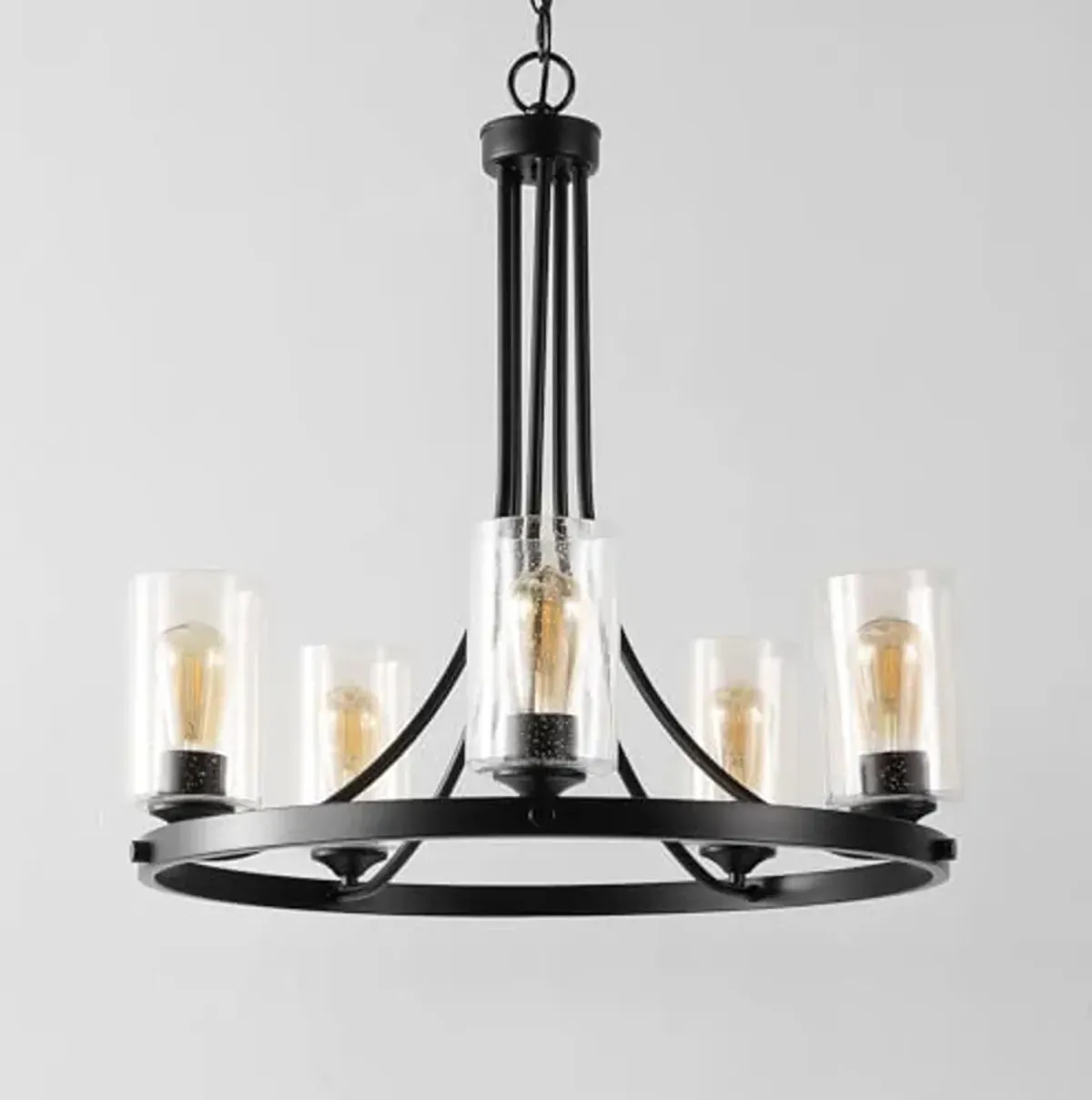 SAFAVIEH Lighting Collection Modern Emersyn Black/Glass 5-Light Round Wagon Wheel Hanging Adjustable Chandelier Light Fixture (LED Bulbs Included)