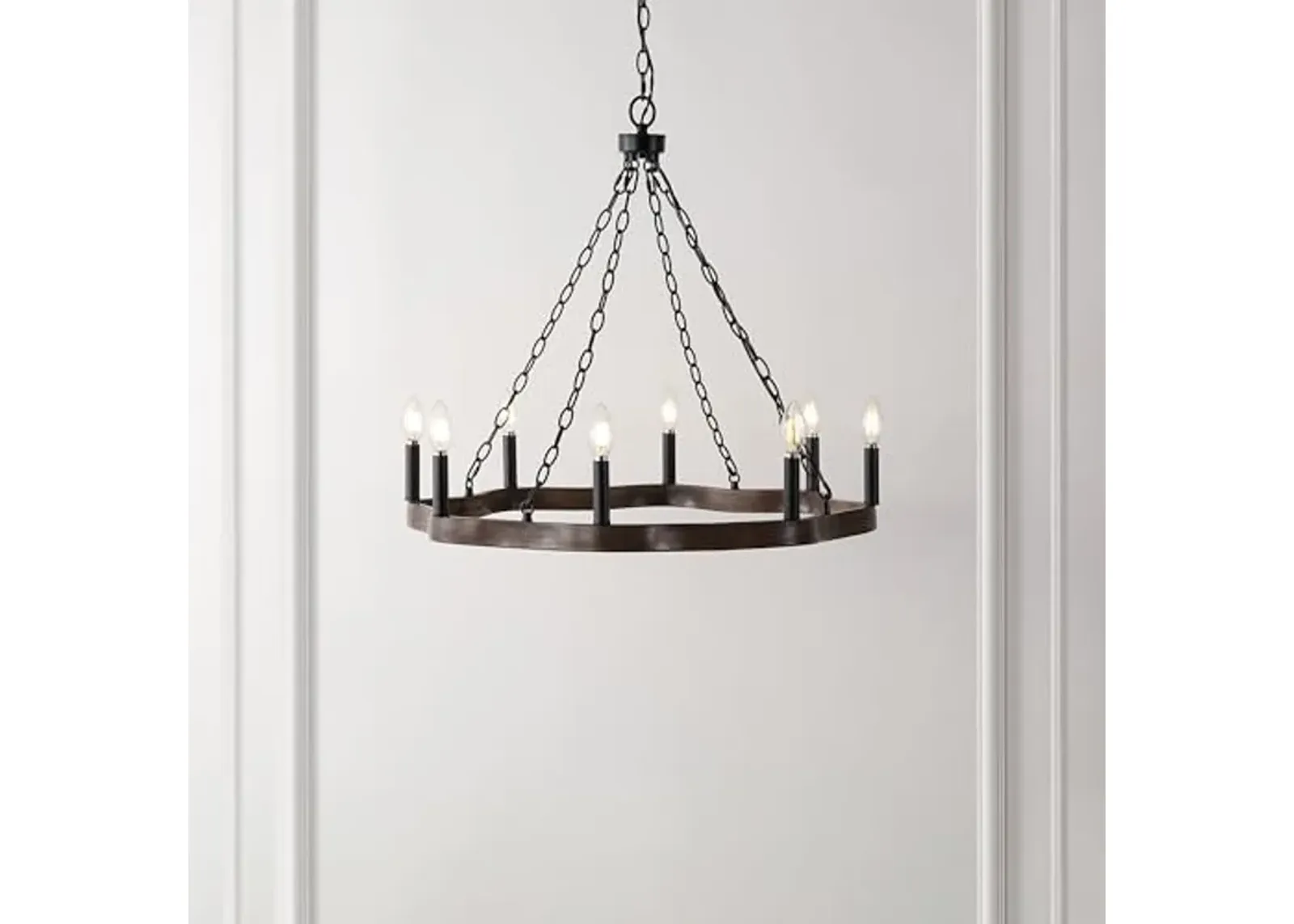 SAFAVIEH Lighting Collection Brookville Black/Brown 8-Light Round Wagon Wheel Hanging Adjustable Chandelier Light Fixture (LED Bulbs Included)