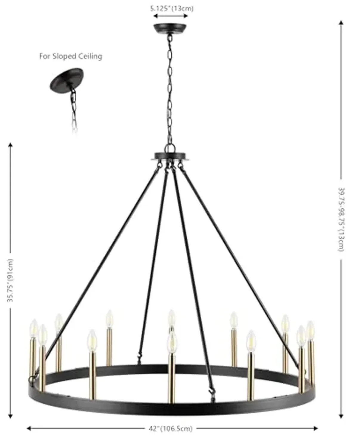 SAFAVIEH Lighting Collection Taelor Matte Black/Gold 12-Light Wagon Wheel Hanging Adjustable Chandelier Light Fixture (LED Bulbs Included)