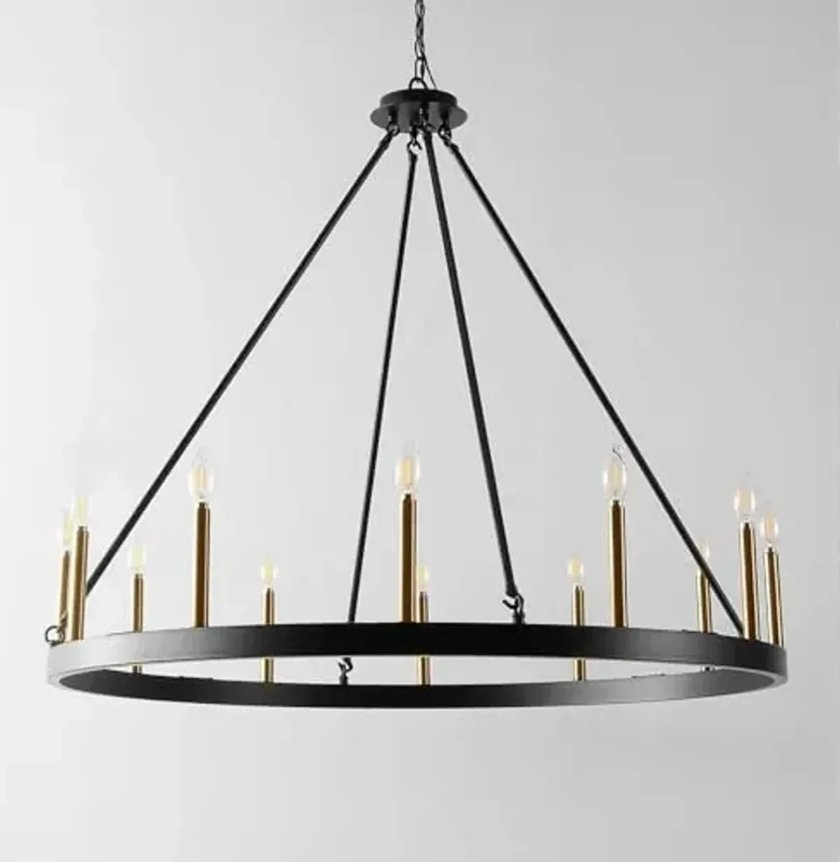 SAFAVIEH Lighting Collection Taelor Matte Black/Gold 12-Light Wagon Wheel Hanging Adjustable Chandelier Light Fixture (LED Bulbs Included)