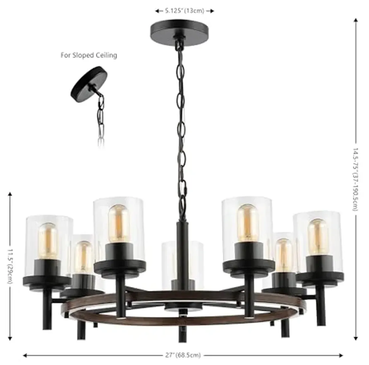 SAFAVIEH Lighting Collection Vancouver Modern Black/Brown 7-Light Round Wagon Wheel Hanging Adjustable Chandelier Light Fixture (LED Bulbs Included)