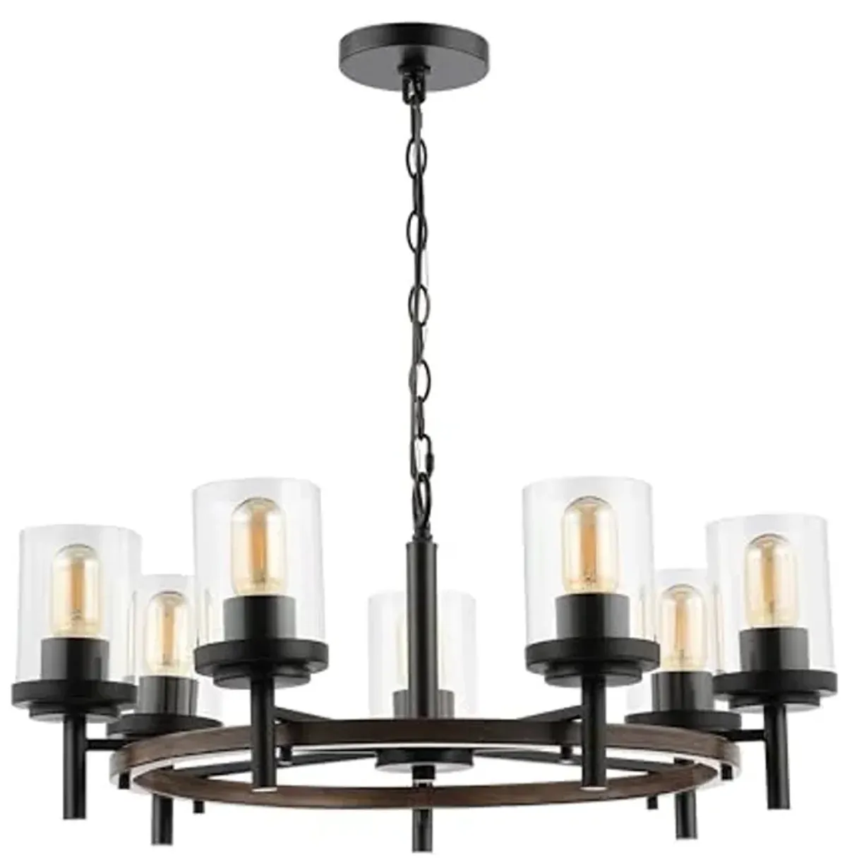 SAFAVIEH Lighting Collection Vancouver Modern Black/Brown 7-Light Round Wagon Wheel Hanging Adjustable Chandelier Light Fixture (LED Bulbs Included)