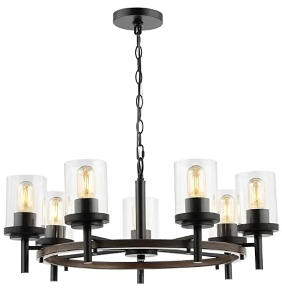 SAFAVIEH Lighting Collection Vancouver Modern Black/Brown 7-Light Round Wagon Wheel Hanging Adjustable Chandelier Light Fixture (LED Bulbs Included)