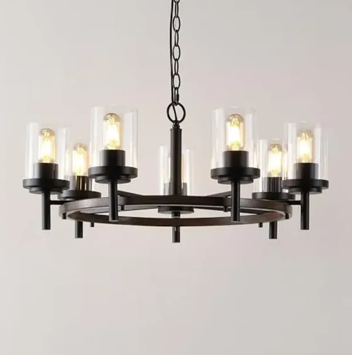 SAFAVIEH Lighting Collection Vancouver Modern Black/Brown 7-Light Round Wagon Wheel Hanging Adjustable Chandelier Light Fixture (LED Bulbs Included)