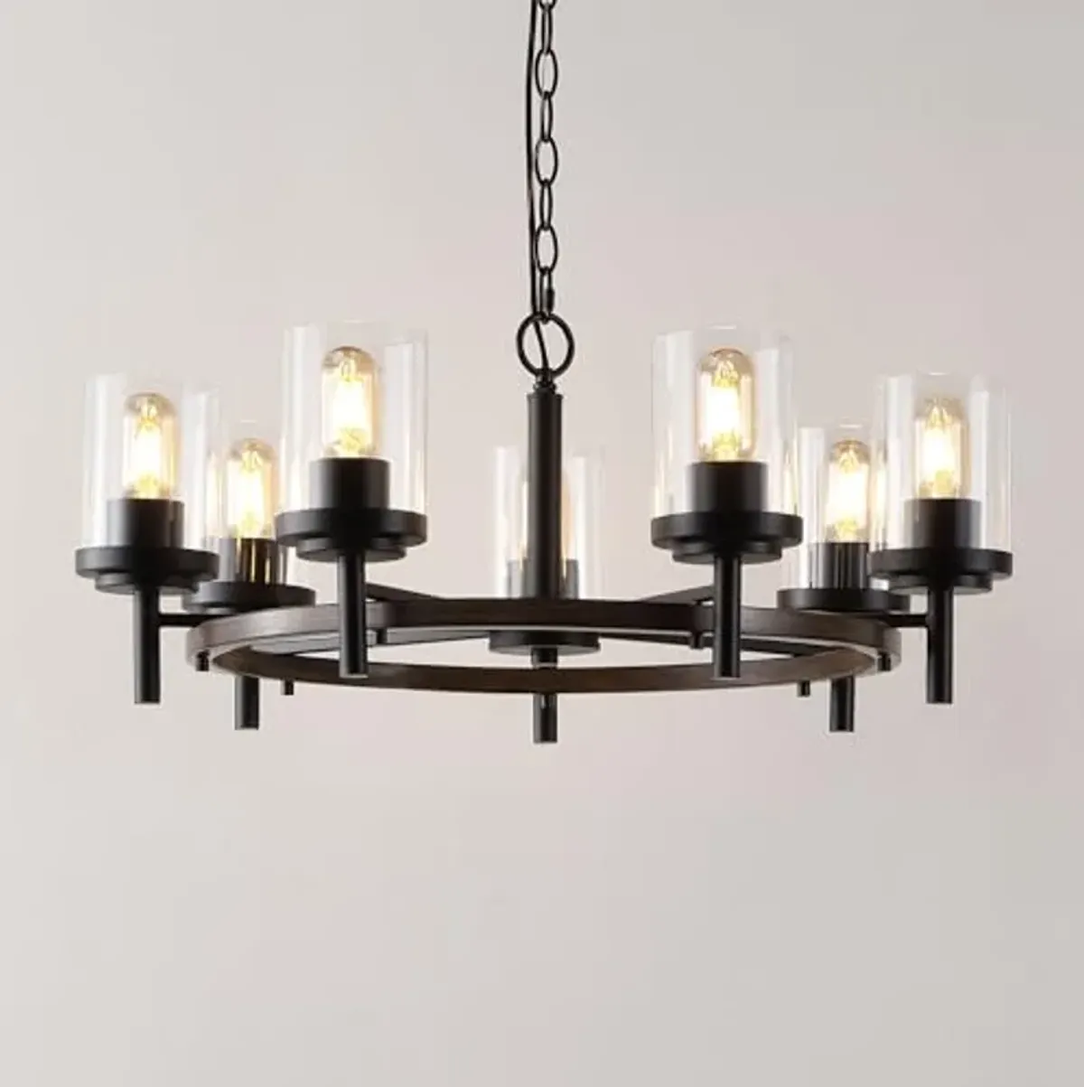 SAFAVIEH Lighting Collection Vancouver Modern Black/Brown 7-Light Round Wagon Wheel Hanging Adjustable Chandelier Light Fixture (LED Bulbs Included)