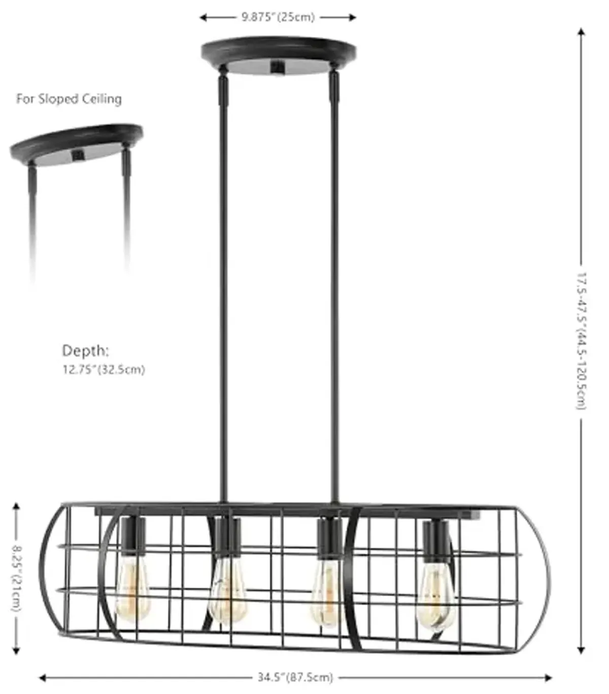 SAFAVIEH Lighting Collection Daxton Industrial Black Linear Cage 4-Light Hanging Adjustable Chandelier Light Fixture (LED Bulbs Included)