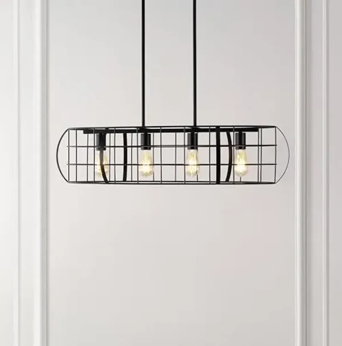 SAFAVIEH Lighting Collection Daxton Industrial Black Linear Cage 4-Light Hanging Adjustable Chandelier Light Fixture (LED Bulbs Included)