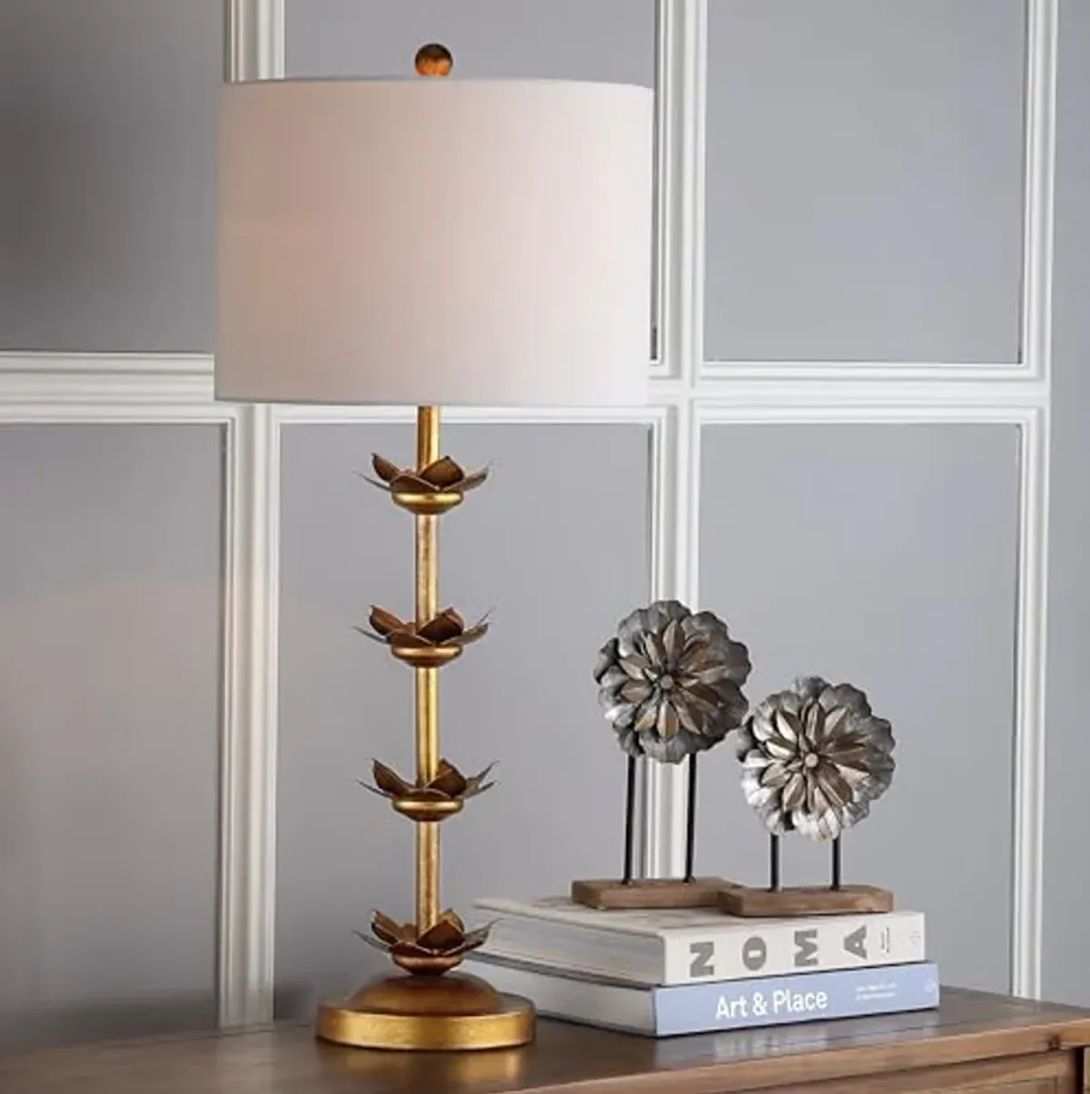 SAFAVIEH Lighting Collection Lani Leaf Antique Gold Table Lamp Set of 2 with USB Charging Port (LED Bulb Included)