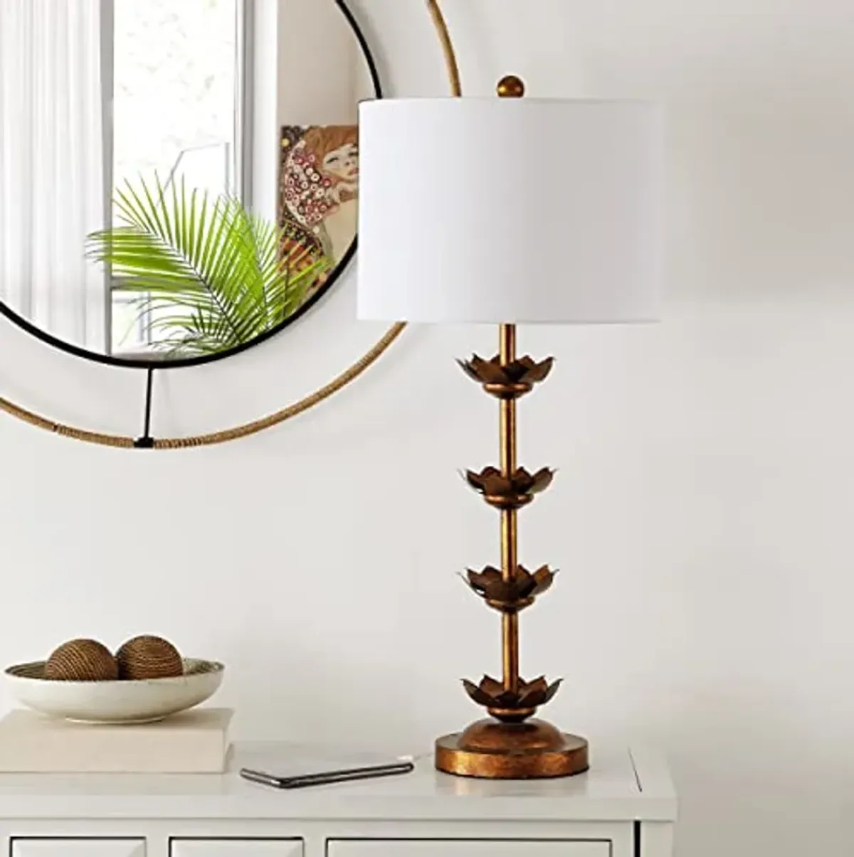 SAFAVIEH Lighting Collection Lani Leaf Antique Gold Table Lamp Set of 2 with USB Charging Port (LED Bulb Included)