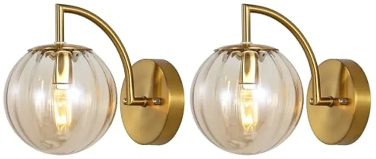 SAFAVIEH Lighting Collection Psylla Amber/Brass Wall Sconce Set of 2 Light Fixture (LED Bulbs Included)