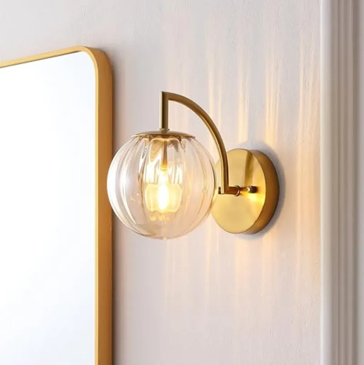 SAFAVIEH Lighting Collection Psylla Amber/Brass Wall Sconce Set of 2 Light Fixture (LED Bulbs Included)