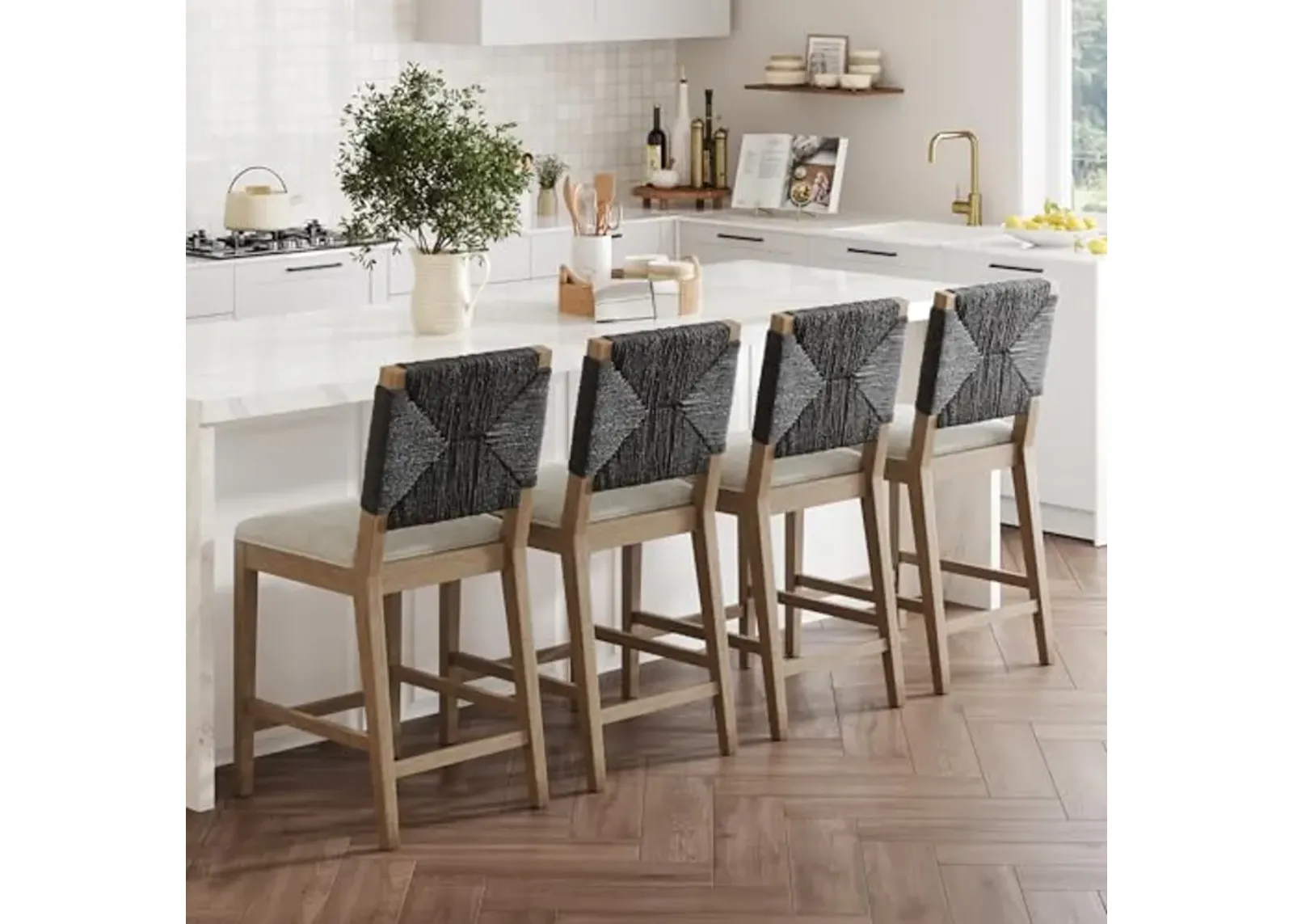 Nathan James Beacon Bohemian Boucle Bar Stool, Upholstered Bar Stool or Island Chairs for Kitchen, Seagrass Counter Height Stool with Back and Solid Wood Legs, Cream Boucle/Gray, Set of 4