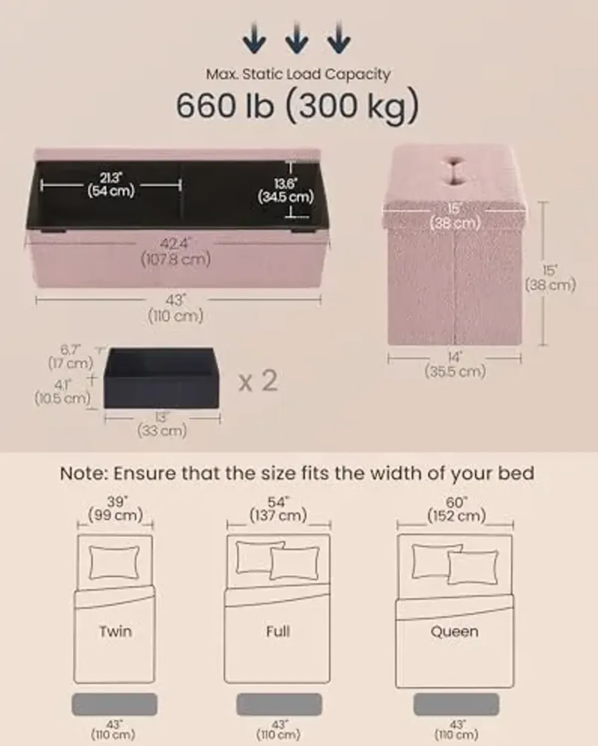 SONGMICS Storage Ottoman Bench, Storage Chest, 15 x 43 x 15 Inches, Foot Rest Stool, End of Bed Bench, Load up to 660 lb, for Living Room, Bedroom, Entryway, Jelly Pink ULSF097R01