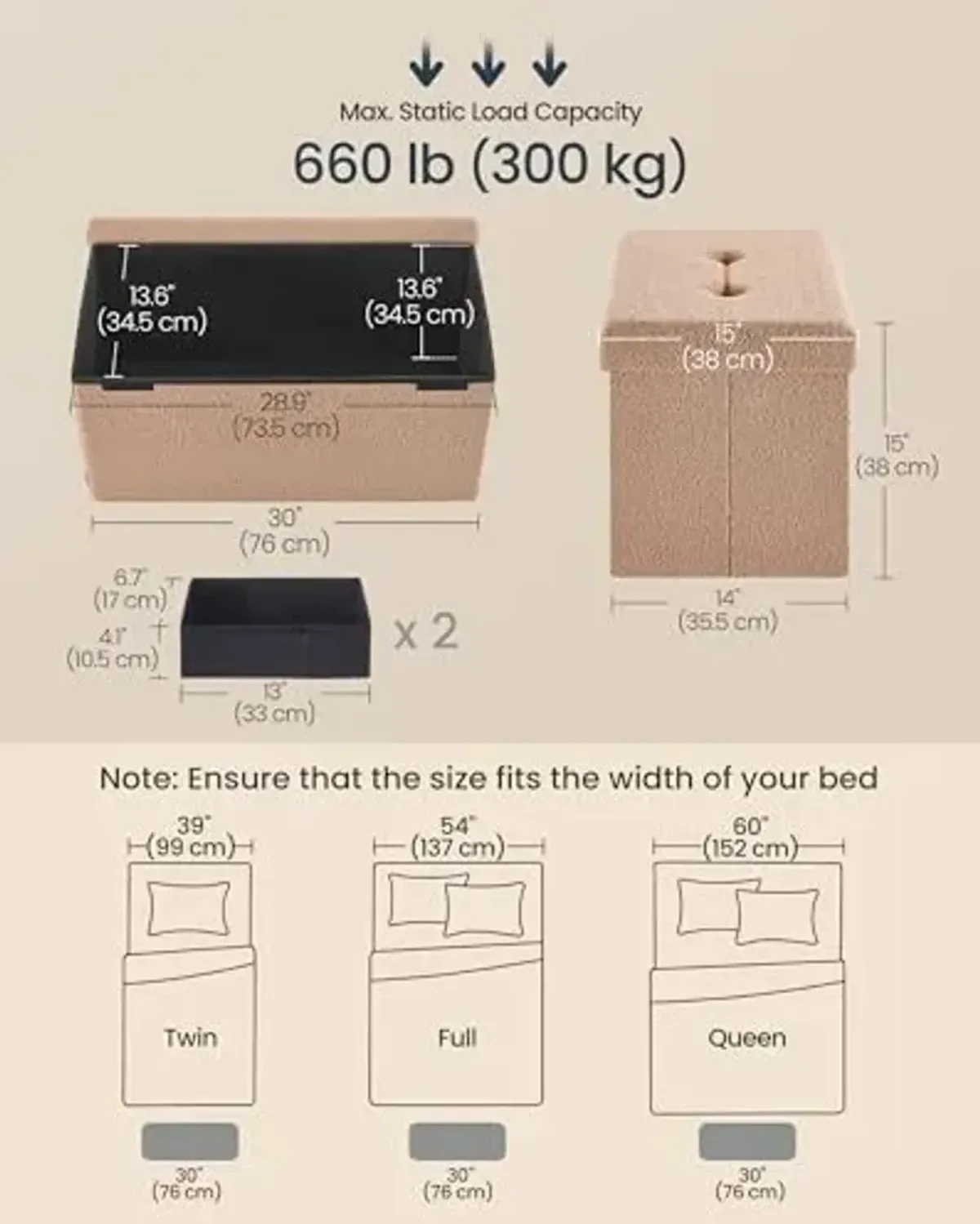 SONGMICS Storage Ottoman Bench, Storage Chest, 15 x 30 x 15 Inches, Foot Rest Stool, End of Bed Bench, Load up to 660 lb, for Living Room, Bedroom, Entryway, Camel Brown ULSF096K01