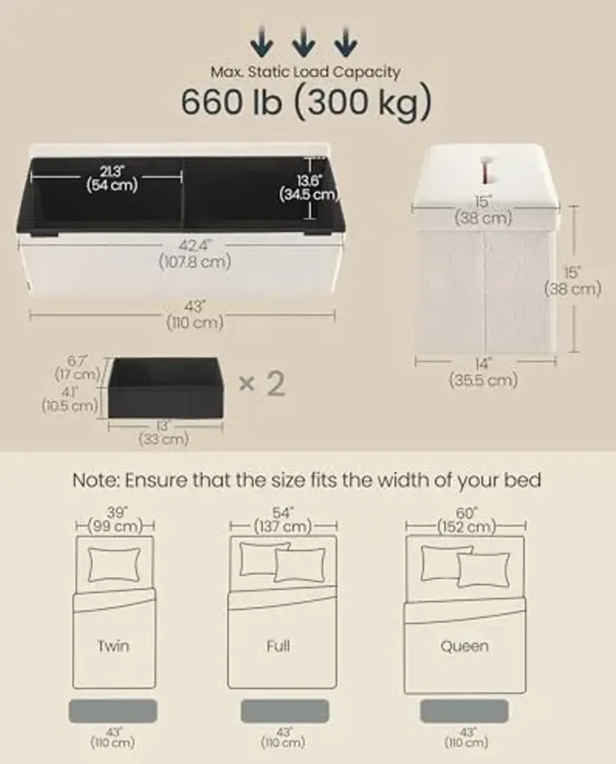 SONGMICS Storage Ottoman Bench, Storage Chest, 15 x 43 x 15 Inches, Foot Rest Stool, End of Bed Bench, Load up to 660 lb, for Living Room, Bedroom, Entryway, Cream White ULSF097W01