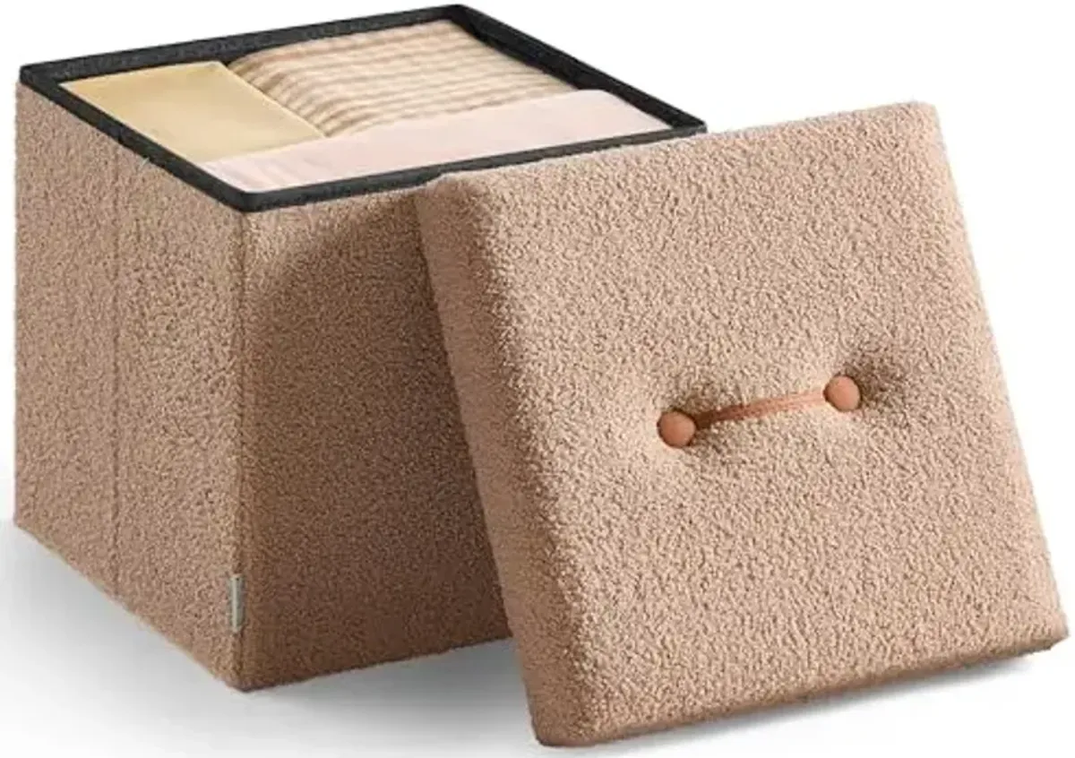 SONGMICS Small Folding Storage Ottoman, Foot Rest Stool, 15 x 15 x 15 Inches, Ottoman with Storage, Load up to 660 lb, for Living Room, Bedroom, Dorm, Camel Brown ULSF095K01