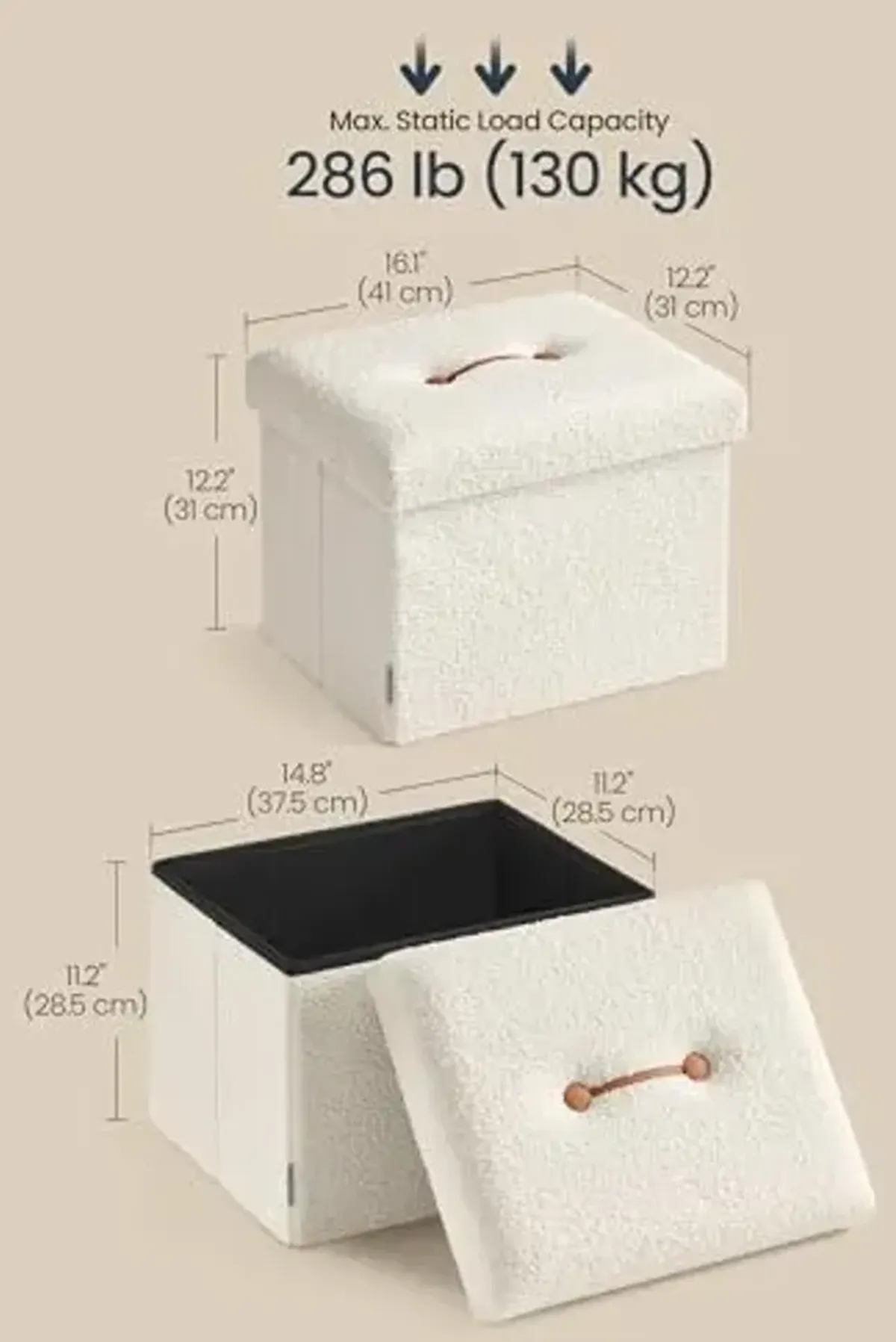 SONGMICS Small Folding Storage Ottoman, Foot Rest Stool, 12.2 x 16.1 x 12.2 Inches, Ottoman with Storage, Load up to 286 lb, for Living Room, Bedroom, Dorm, Cream White ULSF094W01