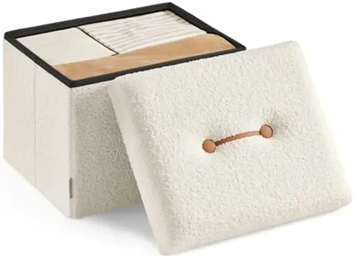 SONGMICS Small Folding Storage Ottoman, Foot Rest Stool, 12.2 x 16.1 x 12.2 Inches, Ottoman with Storage, Load up to 286 lb, for Living Room, Bedroom, Dorm, Cream White ULSF094W01