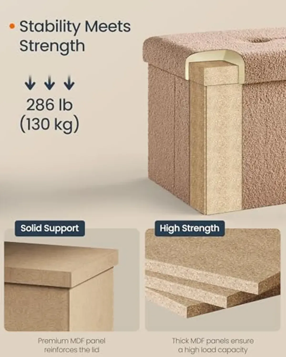 SONGMICS HOME Small Folding Storage Ottoman, Foot Rest Stool, 12.2 x 16.1 x 12.2 Inches, Ottoman with Storage, Load up to 286 lb, for Living Room, Bedroom, Dorm, Camel Brown ULSF094K01