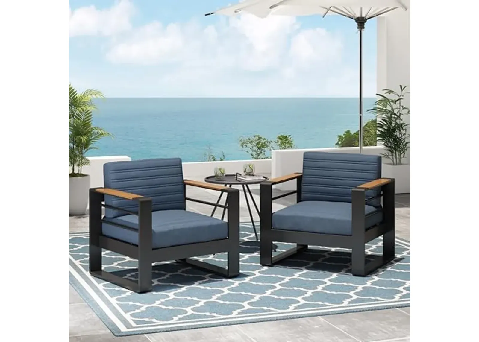 Christopher Knight Home Giovanna Aluminum Club Chairs, Accent Chairs with Cushions, Patio Arm Chairs, Durable Frame Suitable for Outdoor, Club Chairs for Patio Balcony Gardern(Set of 2), Blue