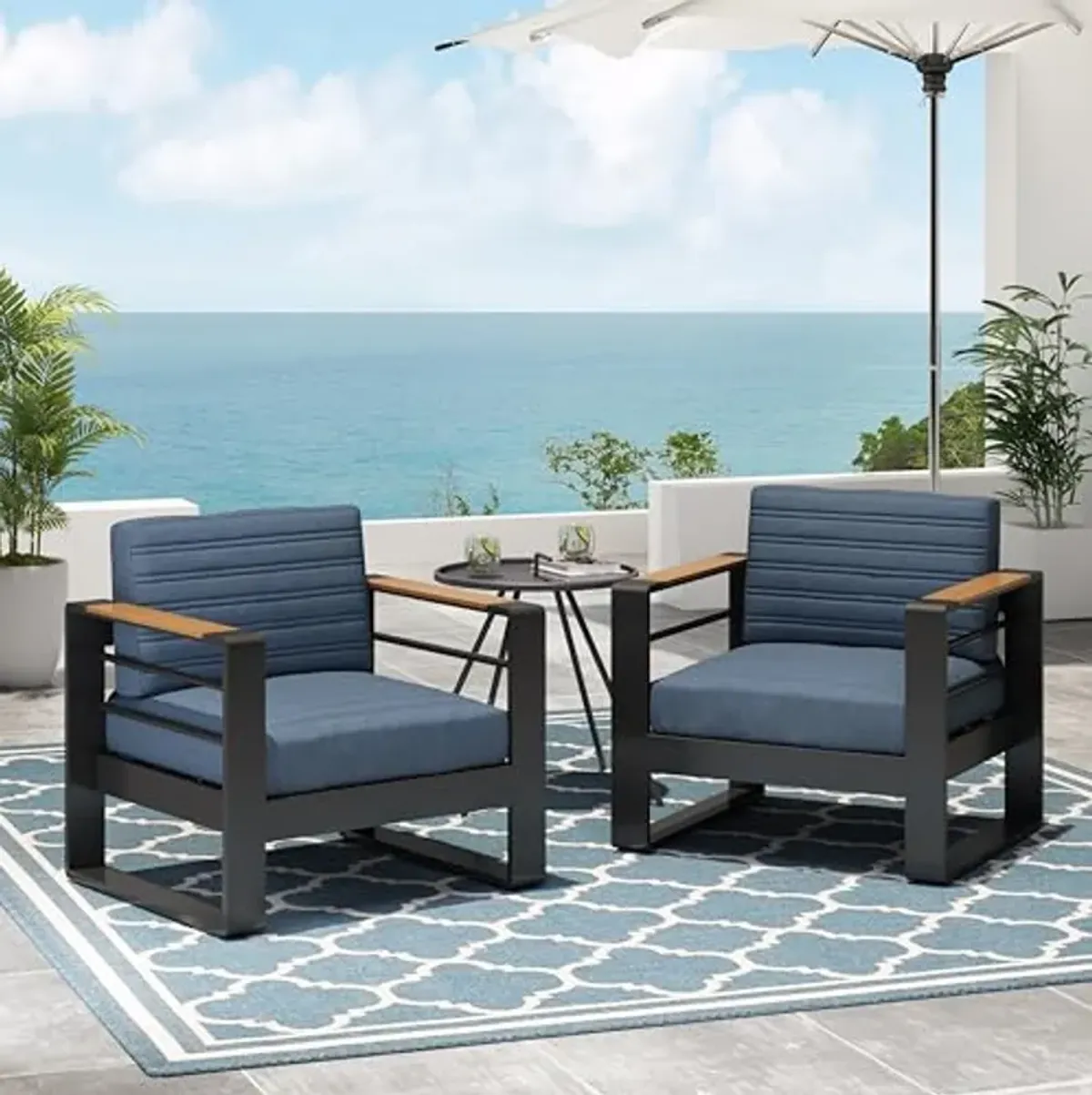 Christopher Knight Home Giovanna Aluminum Club Chairs, Accent Chairs with Cushions, Patio Arm Chairs, Durable Frame Suitable for Outdoor, Club Chairs for Patio Balcony Gardern(Set of 2), Blue