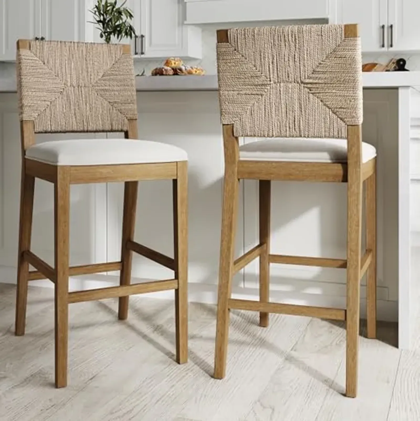 Nathan James Beacon Bohemian Boucle Bar Stool with Back, Bar Height Kitchen Island Chair, Seagrass Bar Stool, Cream Boucle/Brushed Light Brown, Set of 2