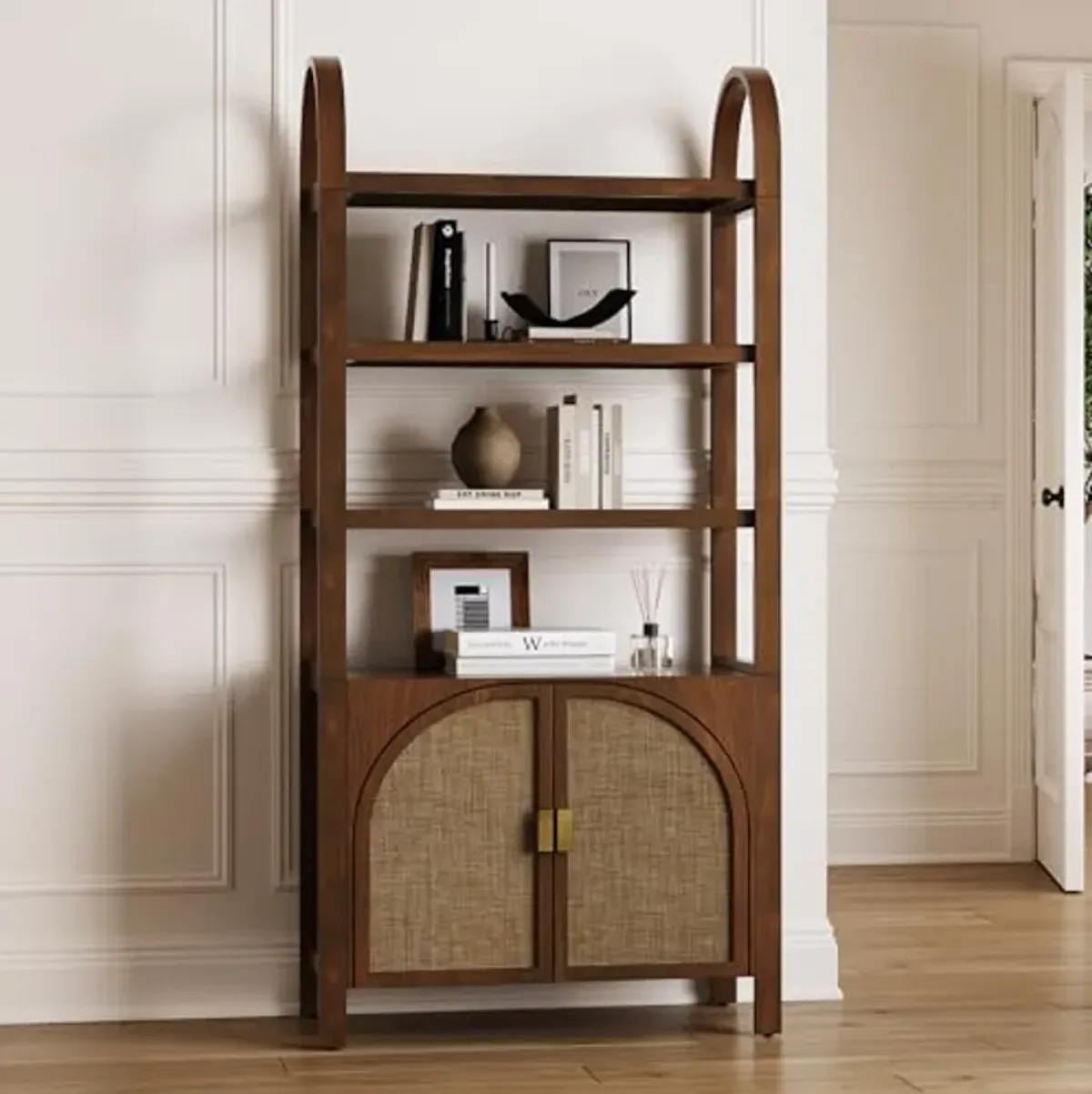 Nathan James Paxton Boho Bookshelf Cabinet with Solid Wood Frame Rattan Bookshelf with Cabinet Base, Arched Bookcase Cabinet for Living Room or Home Office, Dark Acacia