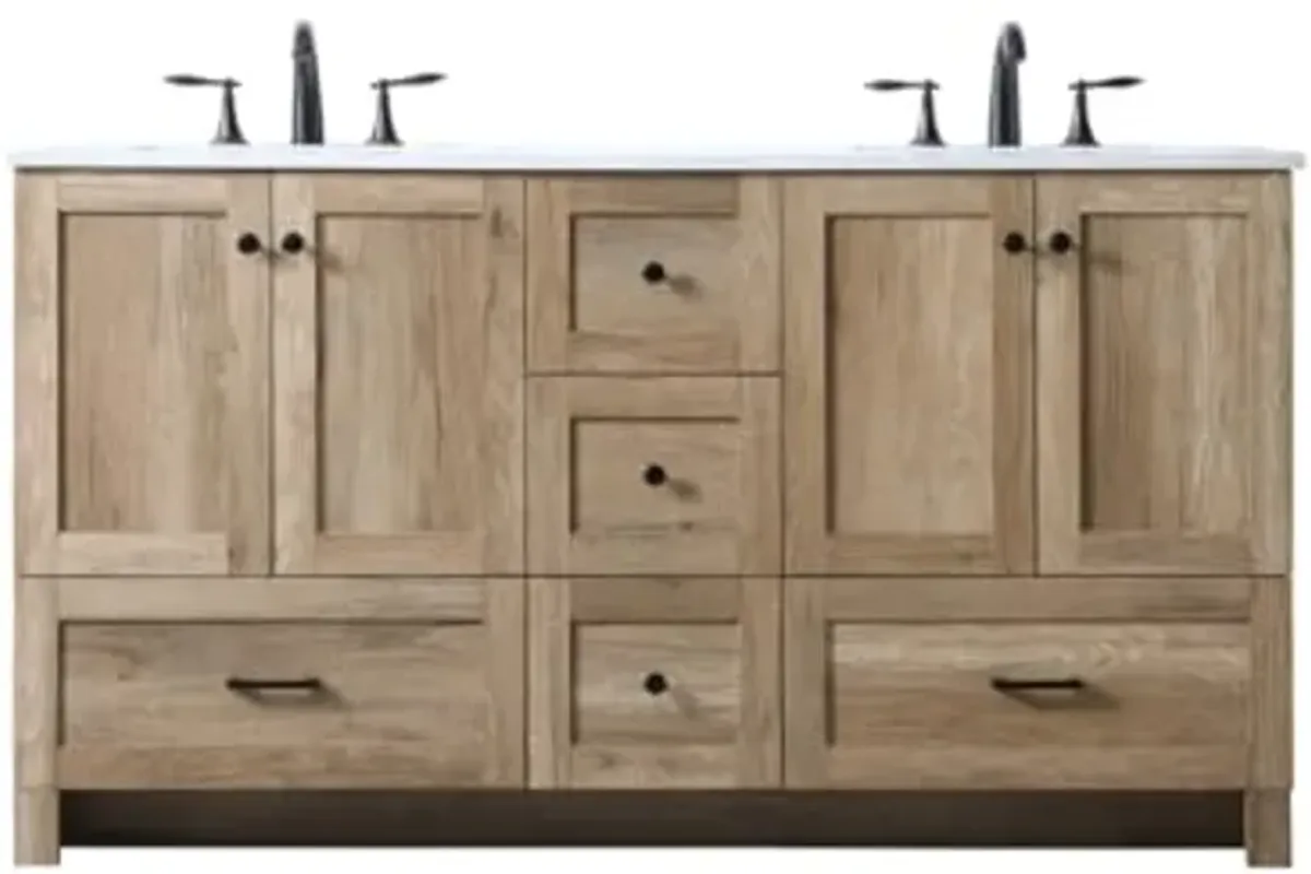 Elegant Lighting VF2860D Soma 60" Free Standing Double Basin Vanity Set with Cabinet and Marble Vanity Top - Natural Oak