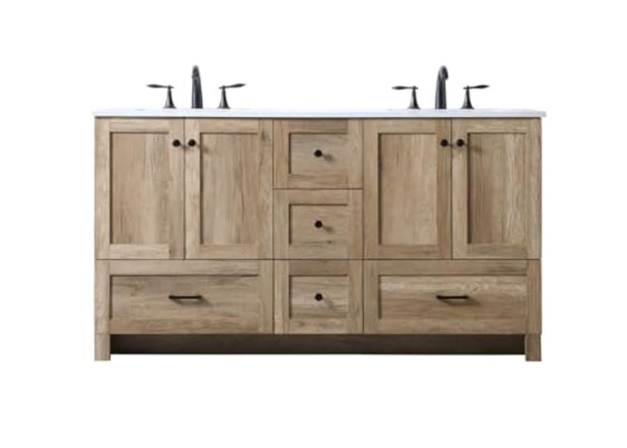 Elegant Lighting VF2860D Soma 60" Free Standing Double Basin Vanity Set with Cabinet and Marble Vanity Top - Natural Oak