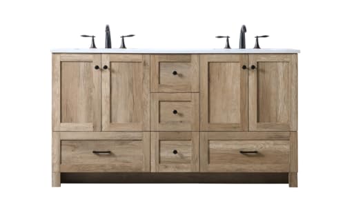 Elegant Lighting VF2860D Soma 60" Free Standing Double Basin Vanity Set with Cabinet and Marble Vanity Top - Natural Oak