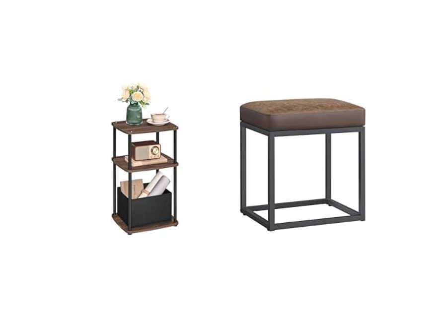 SONGMICS HOME End Table with 3 Storage Shelves, Ottoman Footstool, Walnut ULET286K01 and ULOM079K01