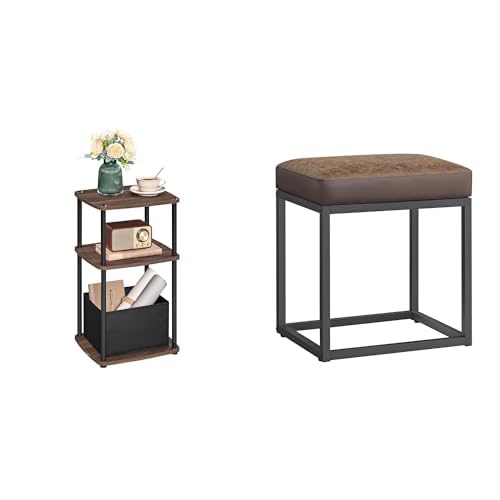 SONGMICS HOME End Table with 3 Storage Shelves, Ottoman Footstool, Walnut ULET286K01 and ULOM079K01