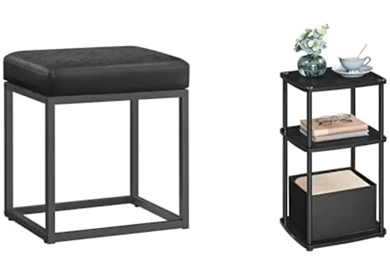 SONGMICS HOME Ottoman Footstool，End Table with 3 Storage Shelves, Black ULOM079B01 and ULET286B01