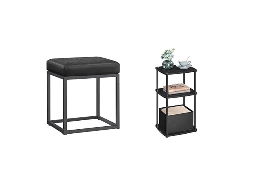 SONGMICS HOME Ottoman Footstool，End Table with 3 Storage Shelves, Black ULOM079B01 and ULET286B01