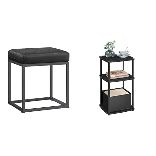 SONGMICS HOME Ottoman Footstool，End Table with 3 Storage Shelves, Black ULOM079B01 and ULET286B01