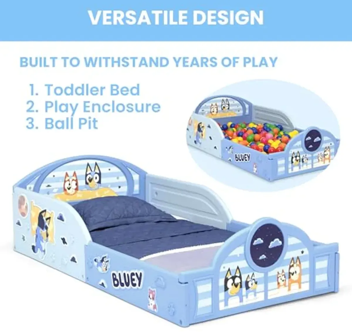 Delta Children - Bluey 4-Piece Toddler Room-in-a-Box Set – Includes Sleep and Play Toddler Bed, Table, 1 Chair and Fabric Toy Box, Blue