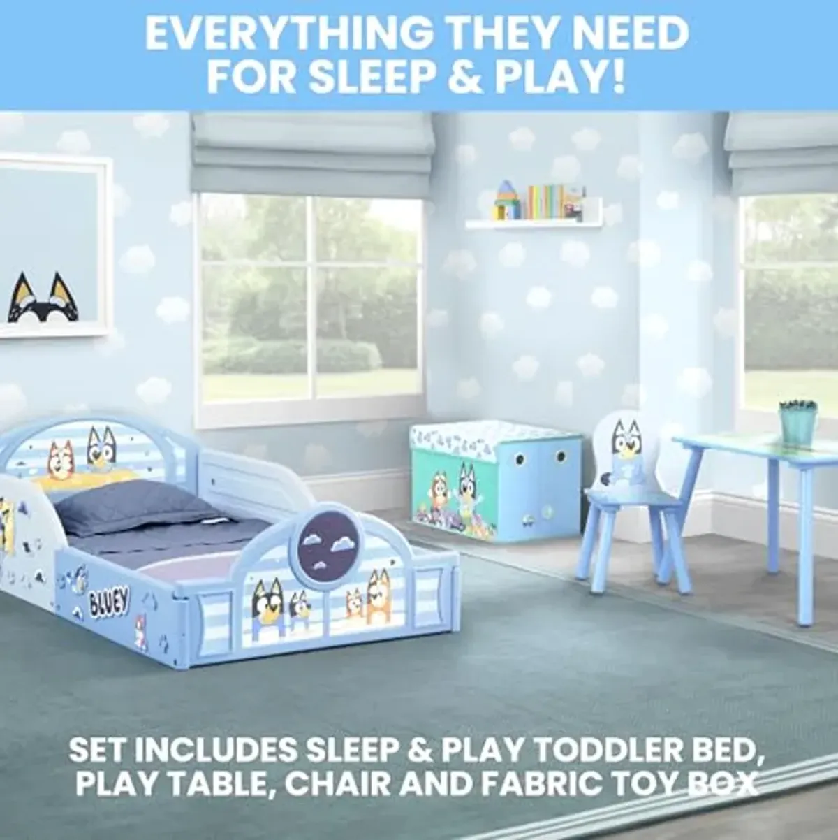 Delta Children - Bluey 4-Piece Toddler Room-in-a-Box Set – Includes Sleep and Play Toddler Bed, Table, 1 Chair and Fabric Toy Box, Blue