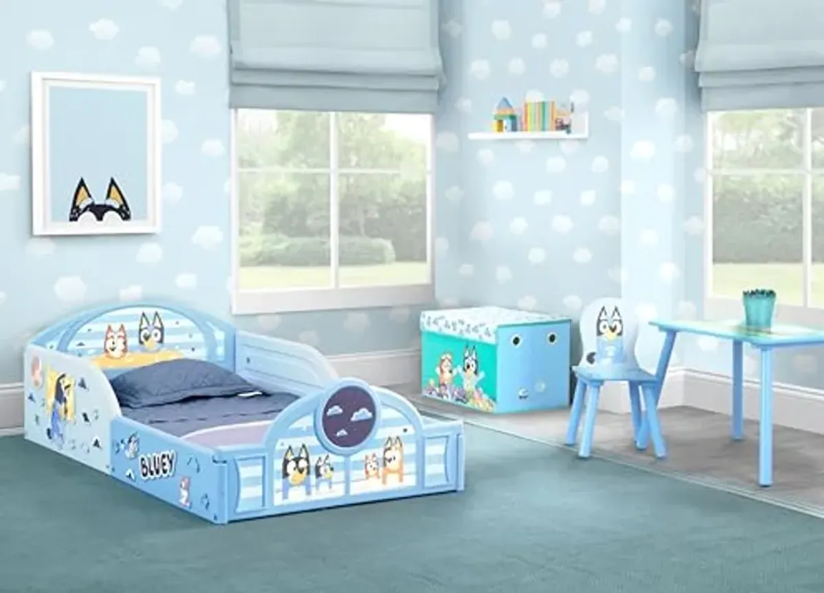 Delta Children - Bluey 4-Piece Toddler Room-in-a-Box Set – Includes Sleep and Play Toddler Bed, Table, 1 Chair and Fabric Toy Box, Blue