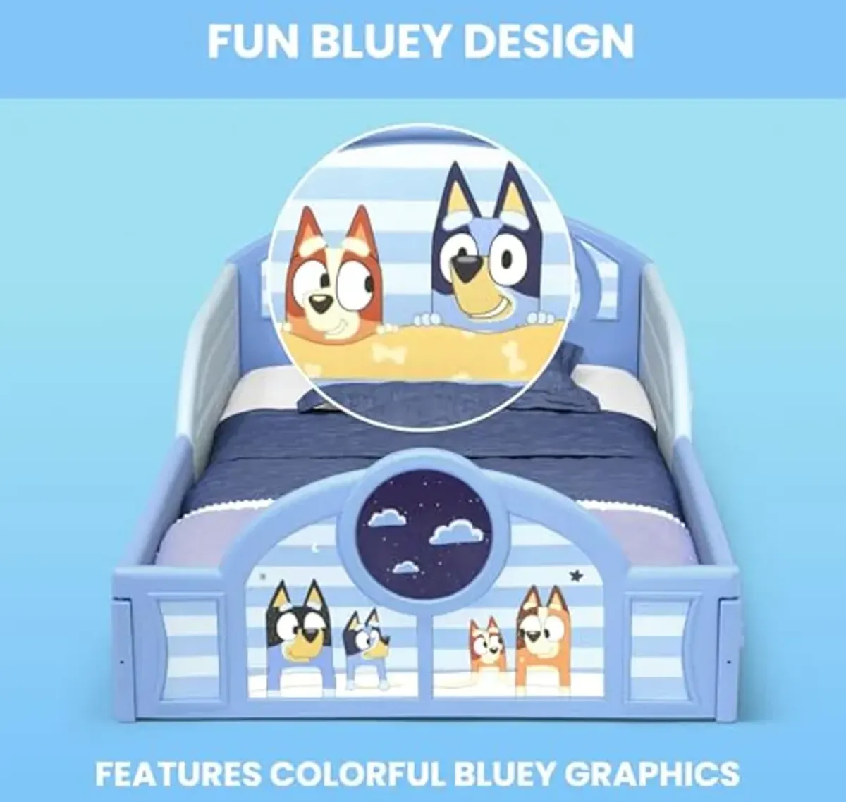 Delta Children - Bluey 4-Piece Toddler Room-in-a-Box Set – Includes Sleep and Play Toddler Bed, Table, 1 Chair and Fabric Toy Box, Blue