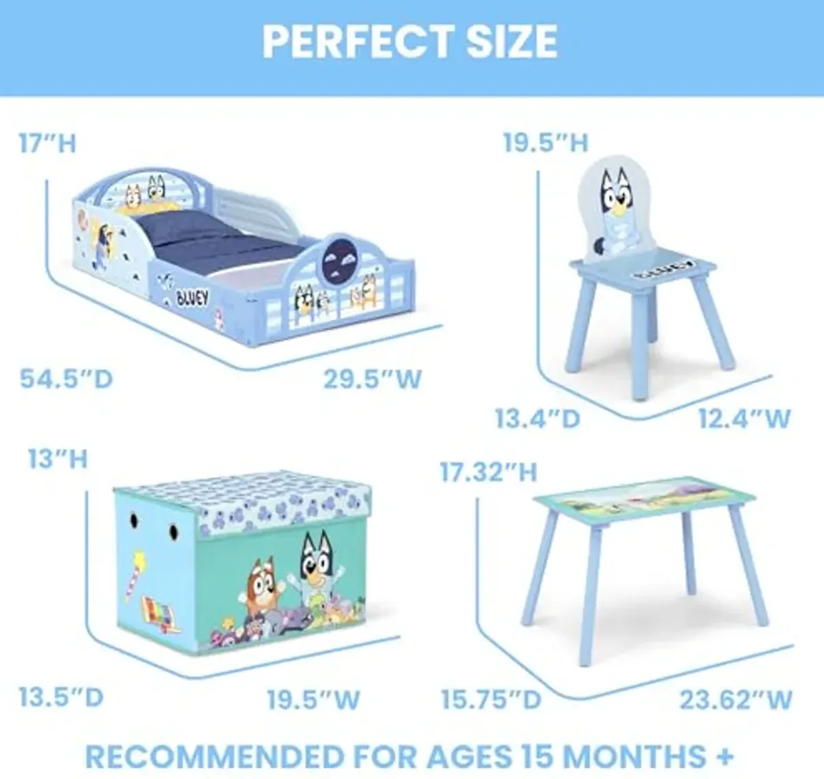 Delta Children - Bluey 4-Piece Toddler Room-in-a-Box Set – Includes Sleep and Play Toddler Bed, Table, 1 Chair and Fabric Toy Box, Blue