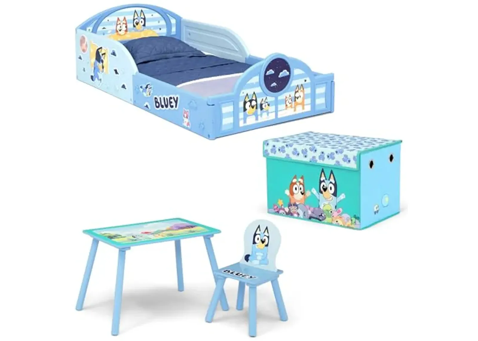 Delta Children - Bluey 4-Piece Toddler Room-in-a-Box Set – Includes Sleep and Play Toddler Bed, Table, 1 Chair and Fabric Toy Box, Blue