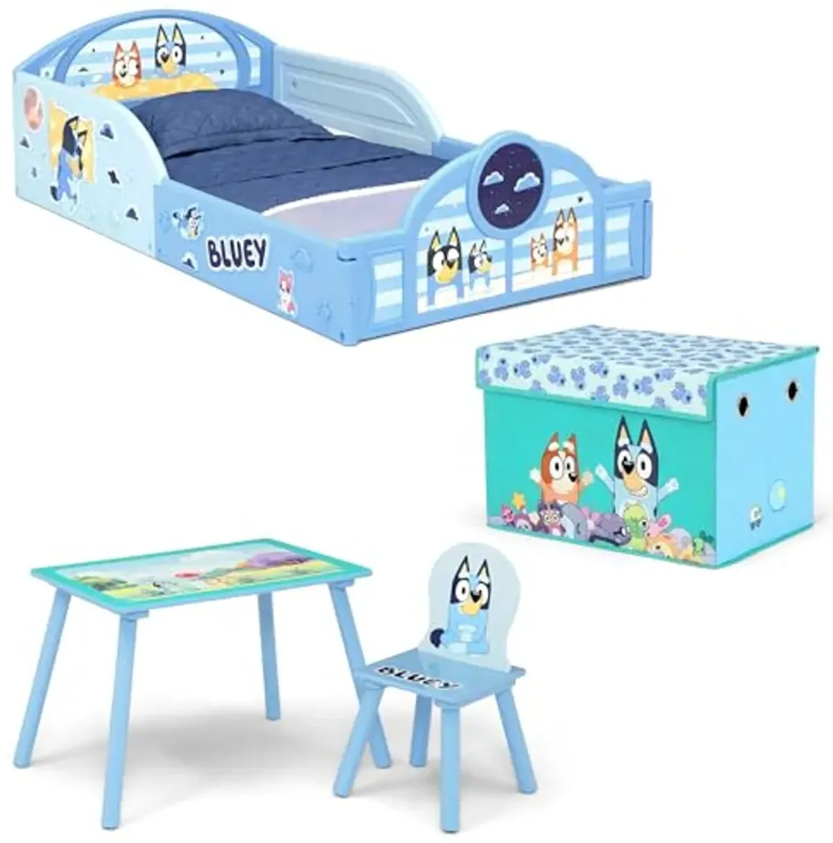 Delta Children - Bluey 4-Piece Toddler Room-in-a-Box Set – Includes Sleep and Play Toddler Bed, Table, 1 Chair and Fabric Toy Box, Blue