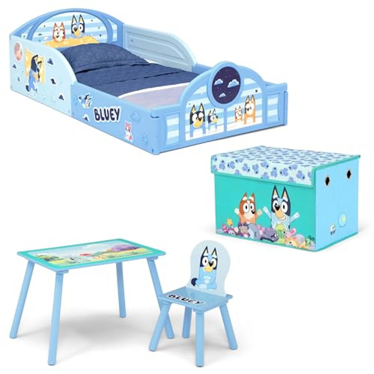 Delta Children - Bluey 4-Piece Toddler Room-in-a-Box Set – Includes Sleep and Play Toddler Bed, Table, 1 Chair and Fabric Toy Box, Blue