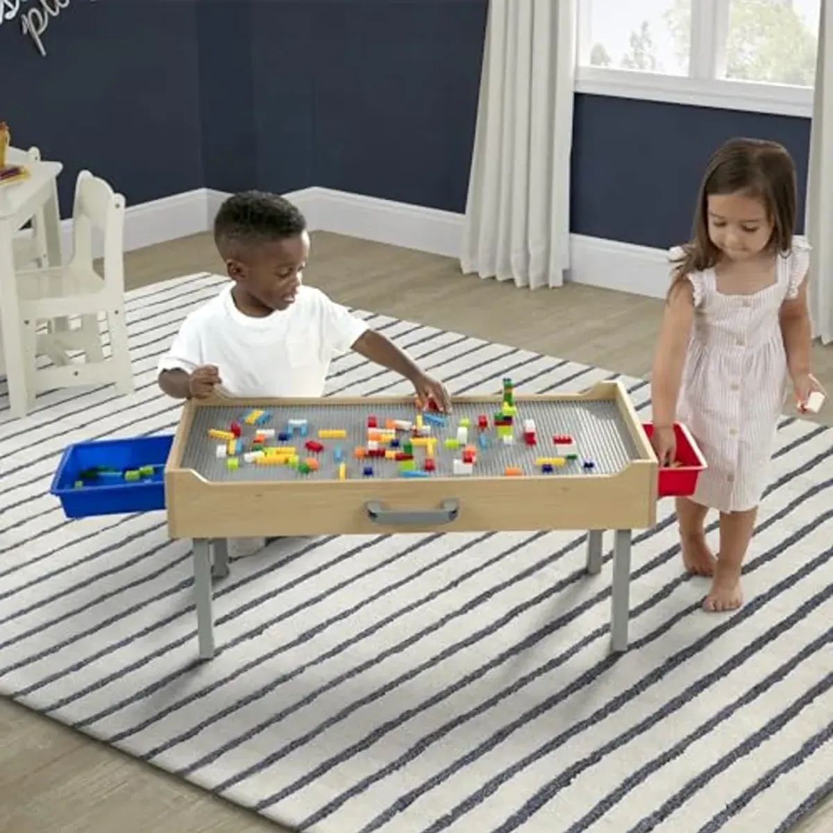 Delta Children Play N Store Building Bricks Play Table with 100+ Play Bricks Included - Large Brick Plate Compatible with Lego, MegaBlocks & More - Legs Fold for Easy Under Bed Storage, Grey