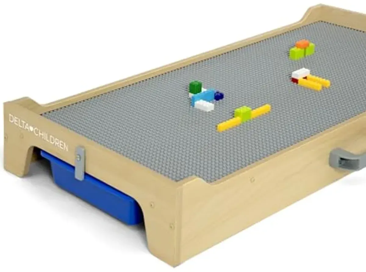 Delta Children Play N Store Building Bricks Play Table with 100+ Play Bricks Included - Large Brick Plate Compatible with Lego, MegaBlocks & More - Legs Fold for Easy Under Bed Storage, Grey