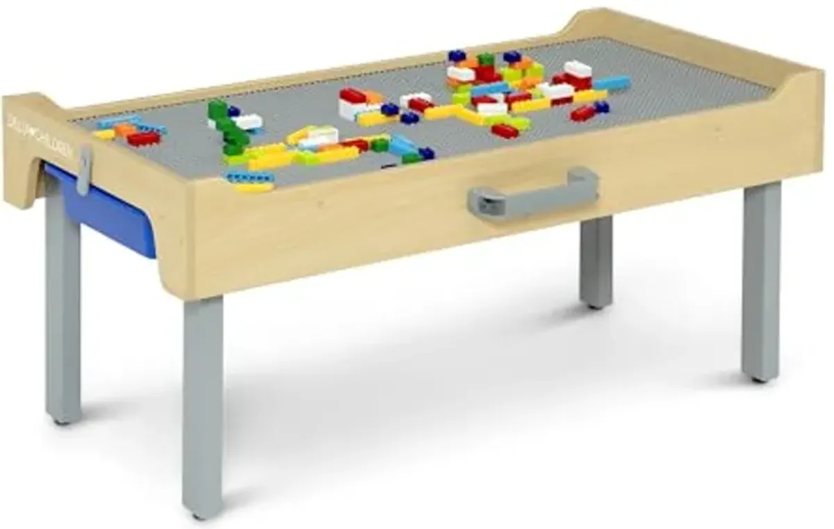 Delta Children Play N Store Building Bricks Play Table with 100+ Play Bricks Included - Large Brick Plate Compatible with Lego, MegaBlocks & More - Legs Fold for Easy Under Bed Storage, Grey