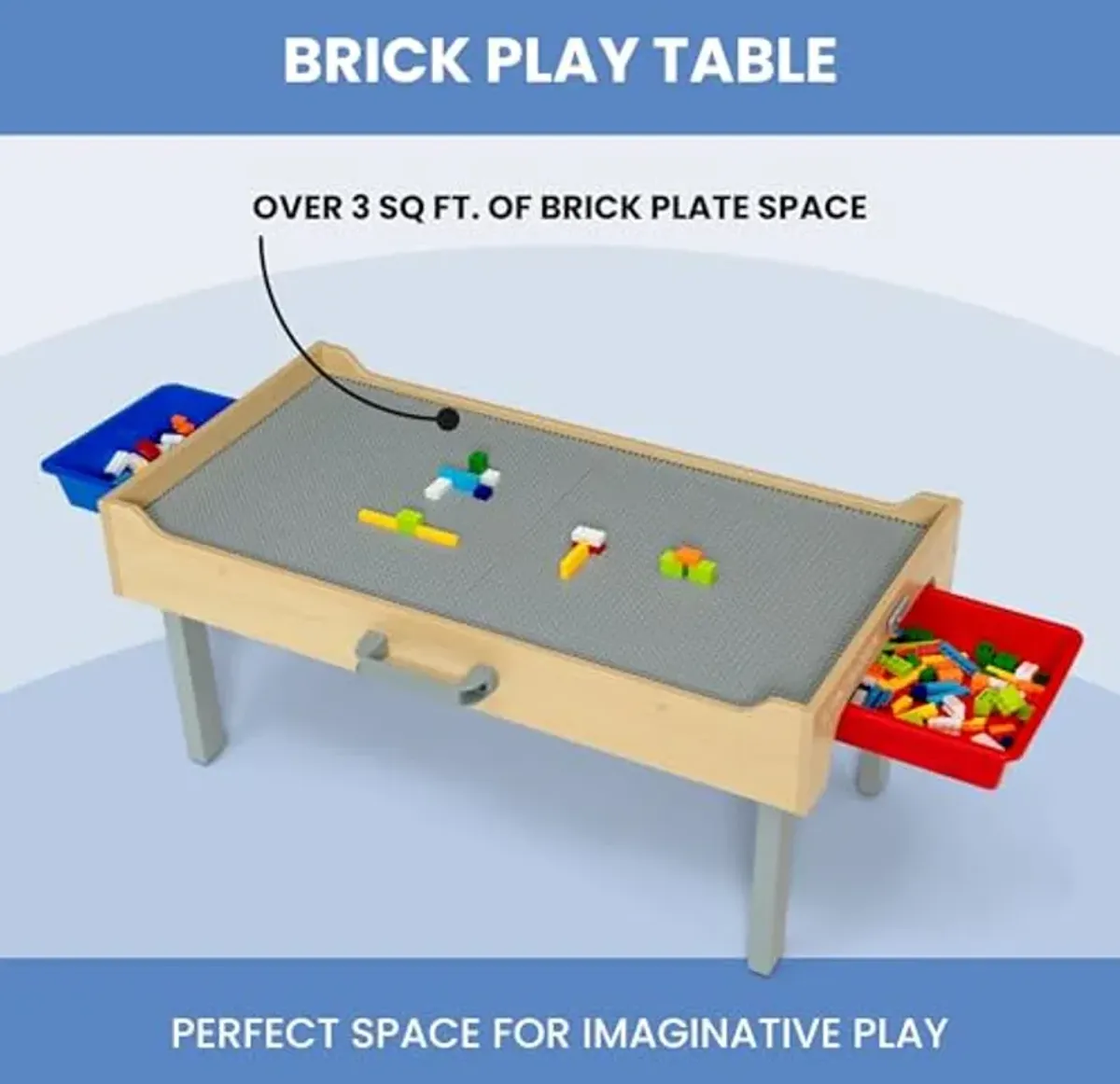 Delta Children Play N Store Building Bricks Play Table with 100+ Play Bricks Included - Large Brick Plate Compatible with Lego, MegaBlocks & More - Legs Fold for Easy Under Bed Storage, Grey