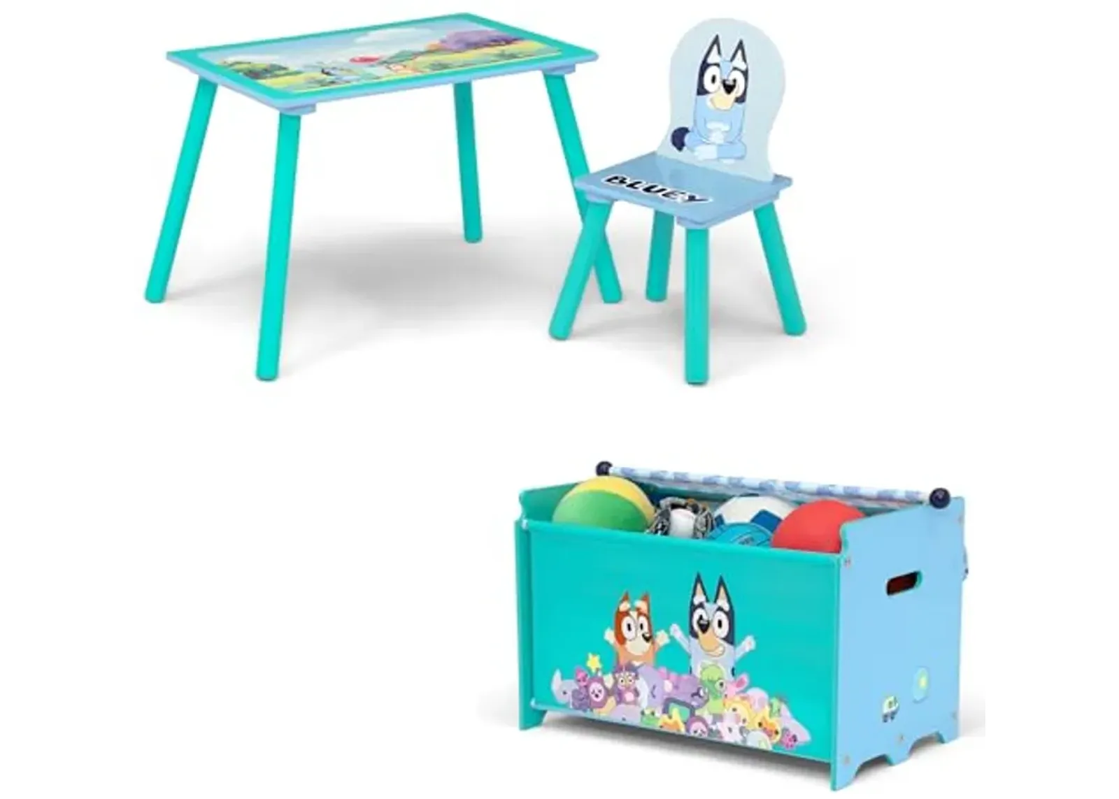 Delta Children Bluey 3-Piece Toddler Playroom Set – Includes Table, Chair and Toy Box, Blue