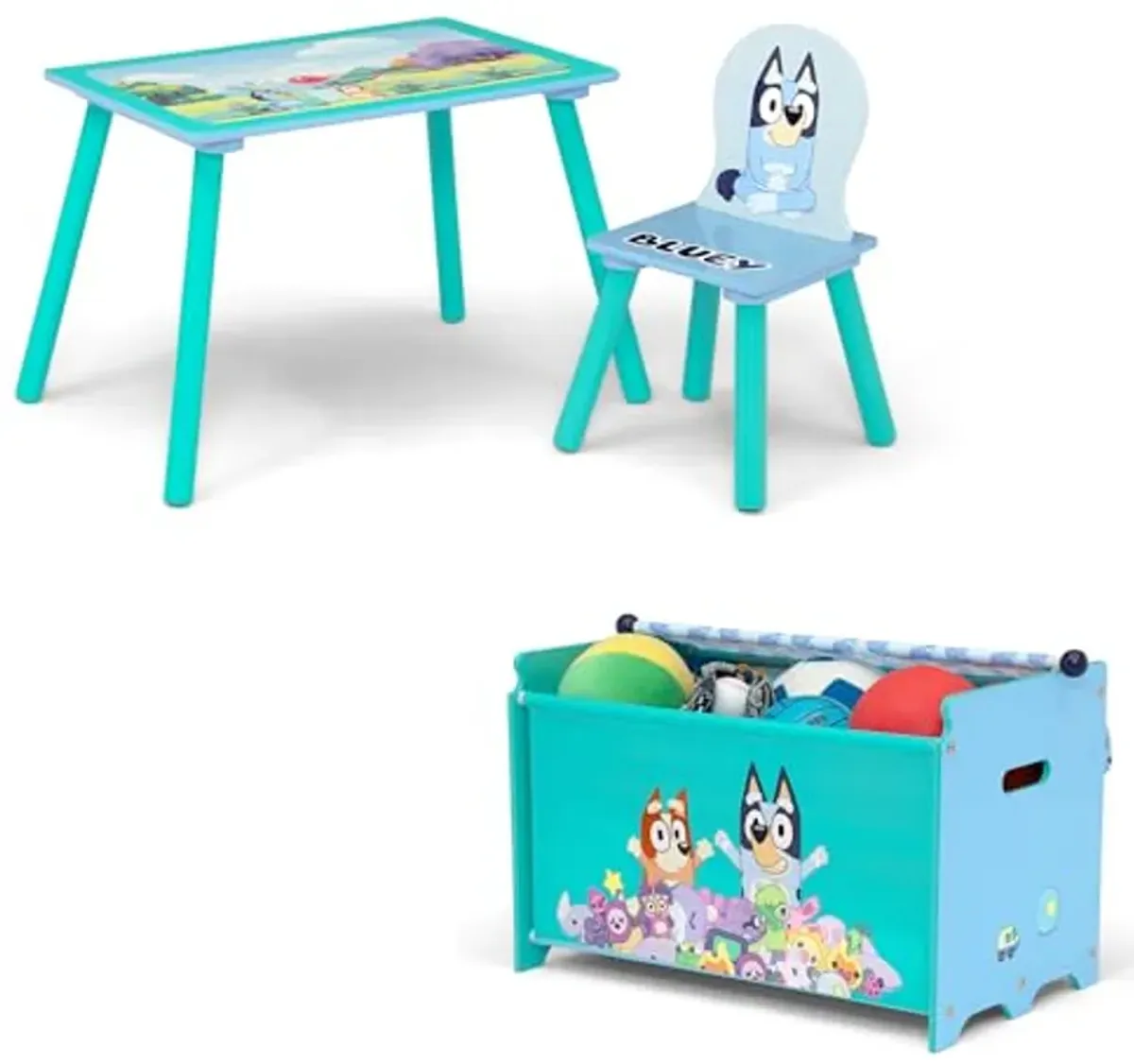 Delta Children Bluey 3-Piece Toddler Playroom Set – Includes Table, Chair and Toy Box, Blue