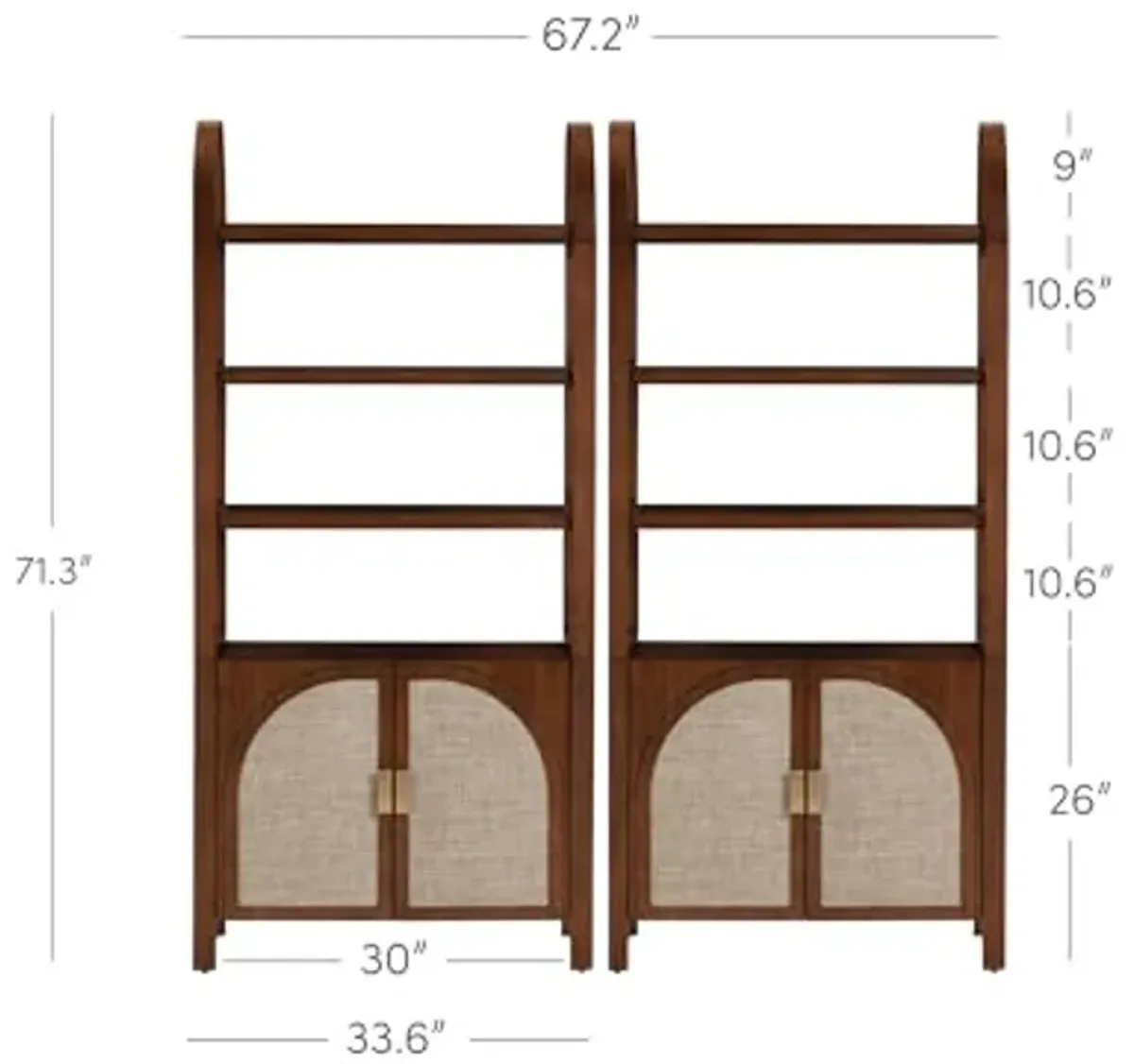 Nathan James Paxton Boho Bookshelf Cabinet with Solid Wood Frame Rattan Bookshelf with Cabinet Base, Arched Bookcase Cabinet for Living Room or Home Office, Dark Acacia, Set of 2